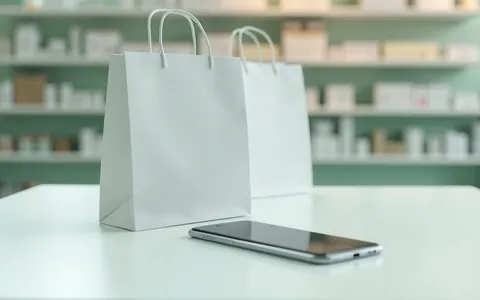 Telefon a papírová taška na pultu lékárny